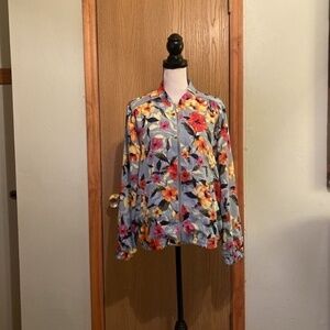 Susan Graver Large Multi-Color w/Floral Print Long Sleeve Track Jacket - EUC